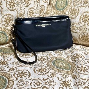 Karl Lagerfeld Black & Gold Wristlet Purse, Lagerfeld Logo Small Clutch Classic